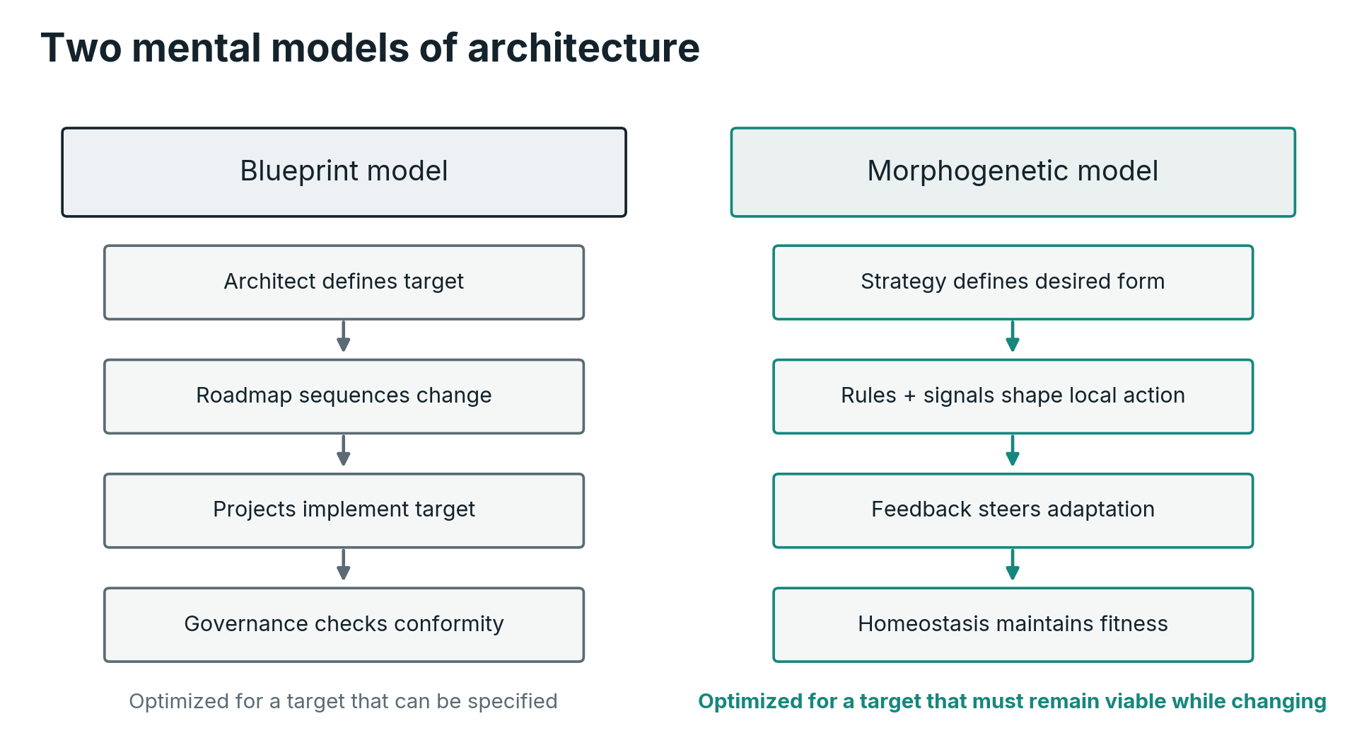 Two mental models of architecture. The blueprint model focuses on an externally designed target object. The morphogenetic model focuses on distributed rules, signals, memory and feedback that repeatedly generate and preserve viable form.